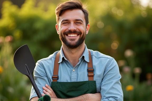 Paysagiste souriant tenant des outils de jardinage