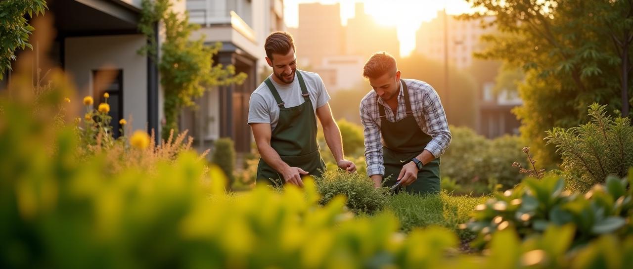 Équipe de JardinPro Services entretenant un jardin moderne à Lyon