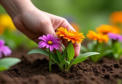 Main plantant des fleurs dans un massif